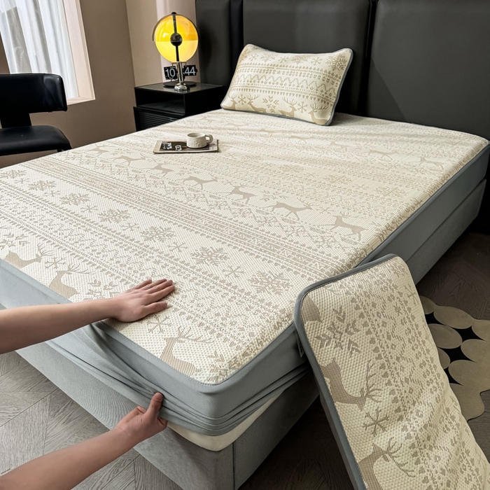 91家纺网 家纺一手货源 找家纺 凯罗 2026新款凉豆豆简约时尚风凉感豆豆凉席床席床笠-床笠款 鹿漫漫-奶咖