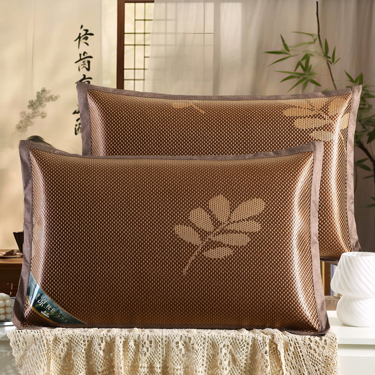 小牛席业 2026新款大冰藤夏凉枕套系列凉枕套夏天枕套冰丝枕套竹枕套藤枕套冰藤枕套 大冰藤夏凉枕套（提花咖色）