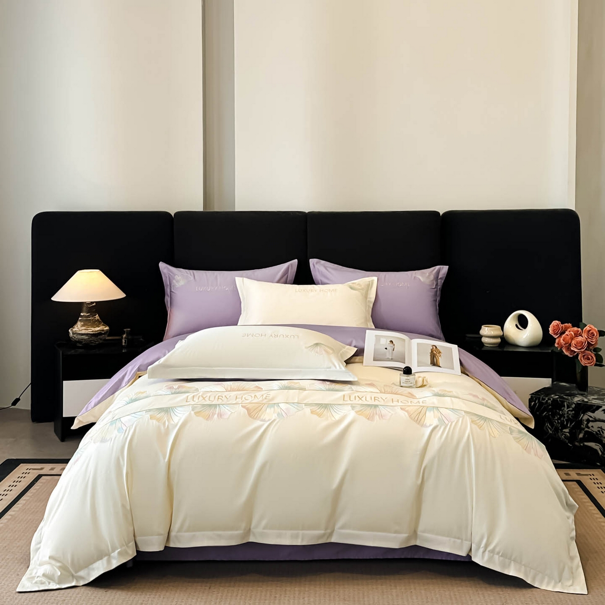 91家纺网 家纺一手货源 找家纺 润锦云 2026新款A类全棉纯棉刺绣四件套-花漾 花漾-云母白+梦幻紫