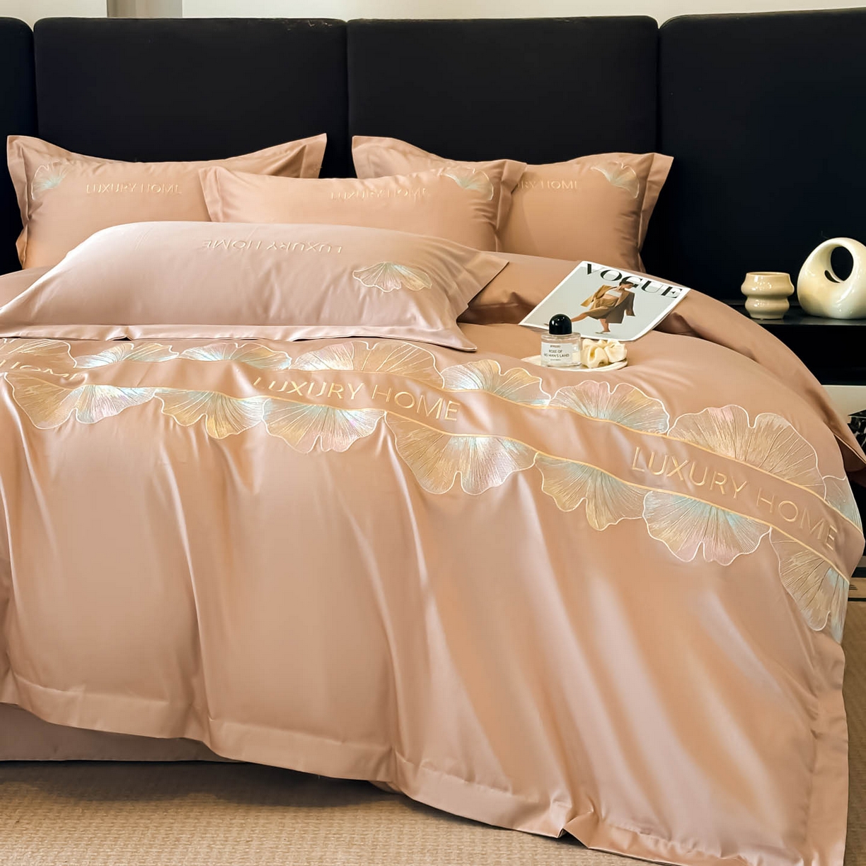 91家纺网 家纺一手货源 找家纺 润锦云 2026新款A类全棉纯棉刺绣四件套-花漾 花漾-香槟色