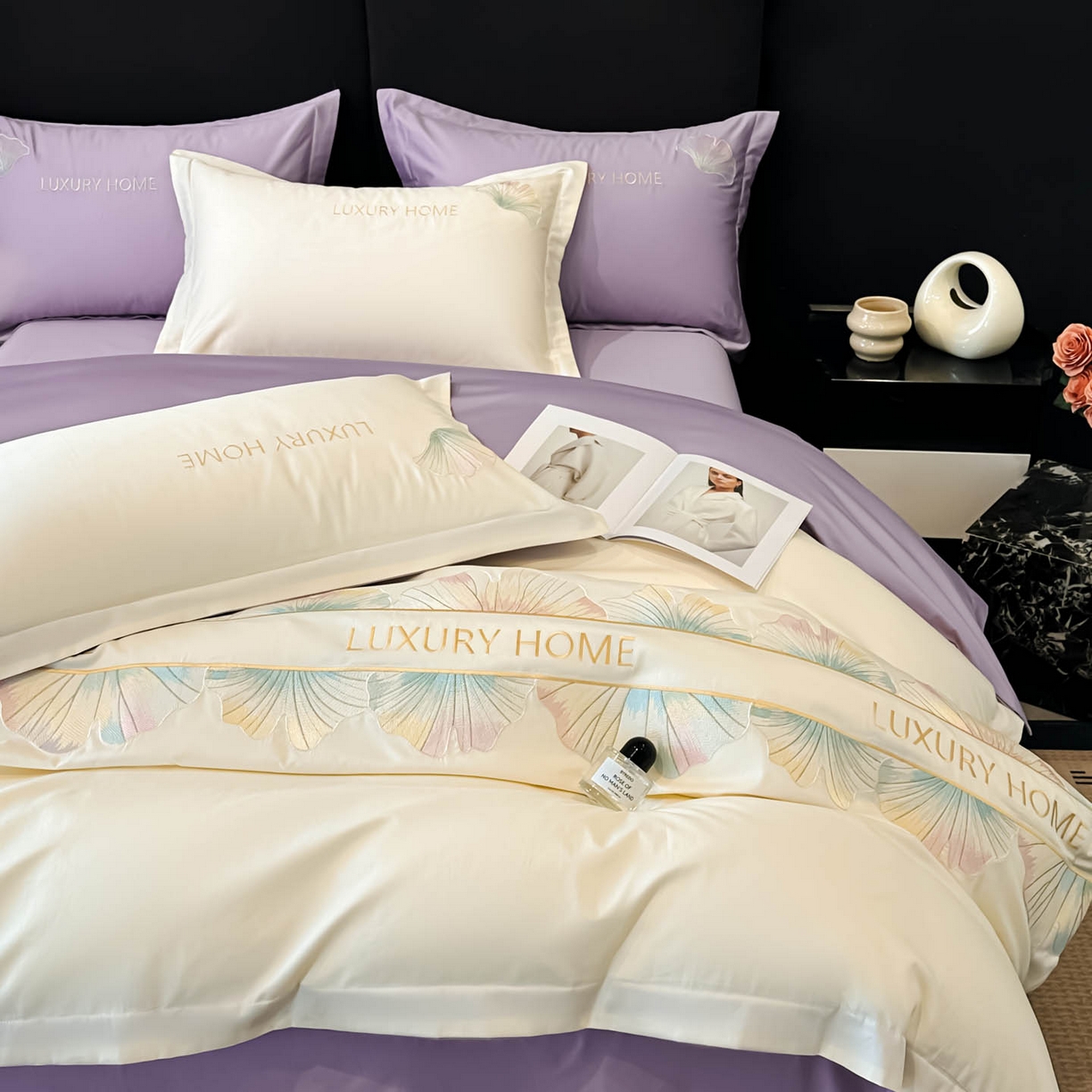 91家纺网 家纺一手货源 找家纺 润锦云 2026新款A类全棉纯棉刺绣四件套-花漾 花漾-云母白+梦幻紫