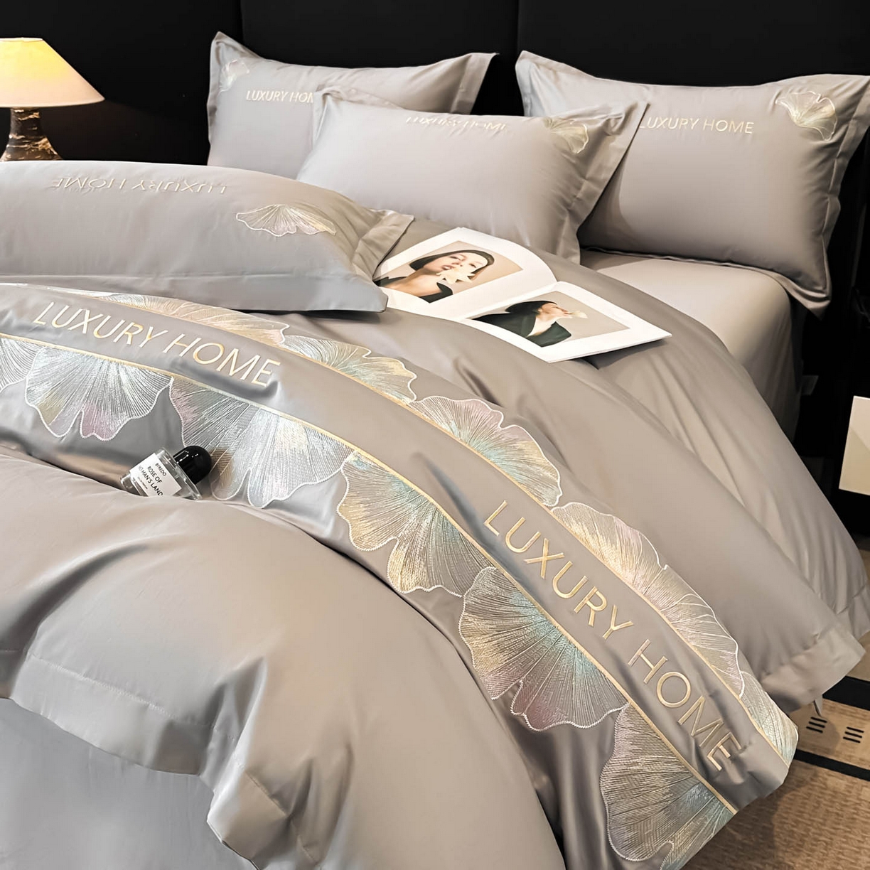 91家纺网 家纺一手货源 找家纺 润锦云 2026新款A类全棉纯棉刺绣四件套-花漾 花漾-星辰灰