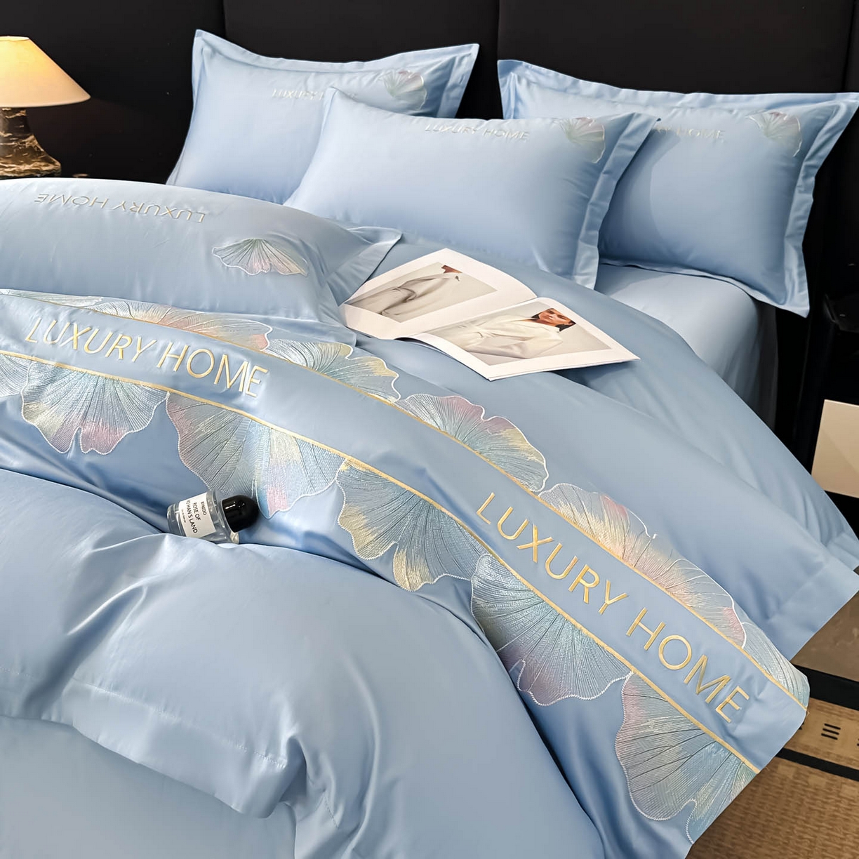 91家纺网 家纺一手货源 找家纺 润锦云 2026新款A类全棉纯棉刺绣四件套-花漾 花漾-柔雾蓝