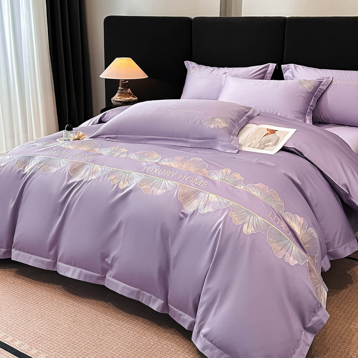 91家纺网 家纺一手货源 找家纺 润锦云 2026新款A类全棉纯棉刺绣四件套-花漾 花漾-梦幻紫