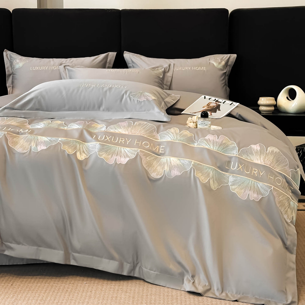 91家纺网 家纺一手货源 找家纺 润锦云 2026新款A类全棉纯棉刺绣四件套-花漾 花漾-星辰灰