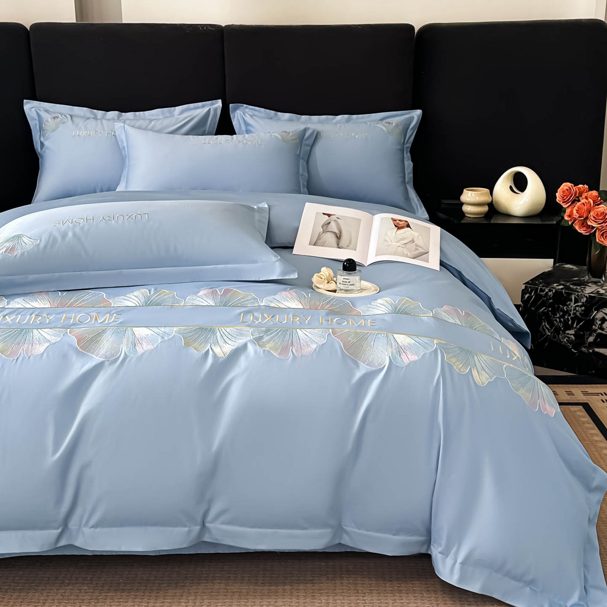 91家纺网 家纺一手货源 找家纺 润锦云 2026新款A类全棉纯棉刺绣四件套-花漾 花漾-柔雾蓝