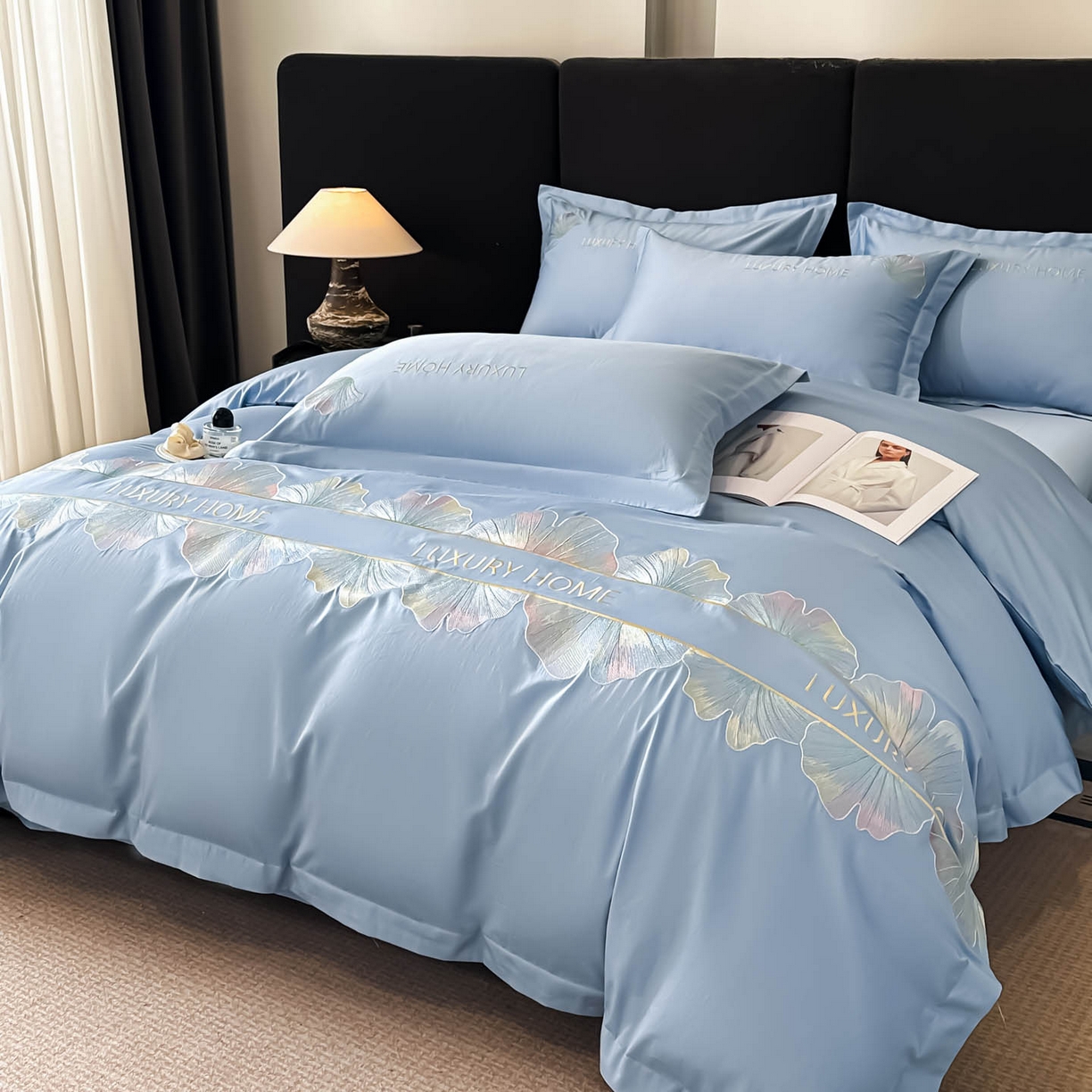 91家纺网 家纺一手货源 找家纺 润锦云 2026新款A类全棉纯棉刺绣四件套-花漾 花漾-柔雾蓝