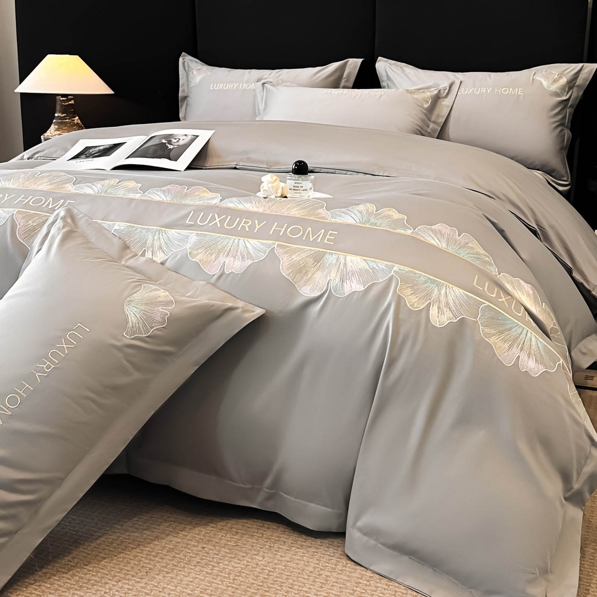 91家纺网 家纺一手货源 找家纺 润锦云 2026新款A类全棉纯棉刺绣四件套-花漾 花漾-星辰灰