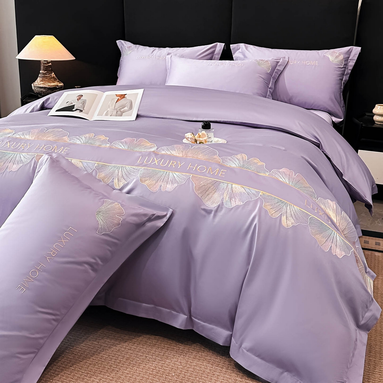 91家纺网 家纺一手货源 找家纺 润锦云 2026新款A类全棉纯棉刺绣四件套-花漾 花漾-梦幻紫