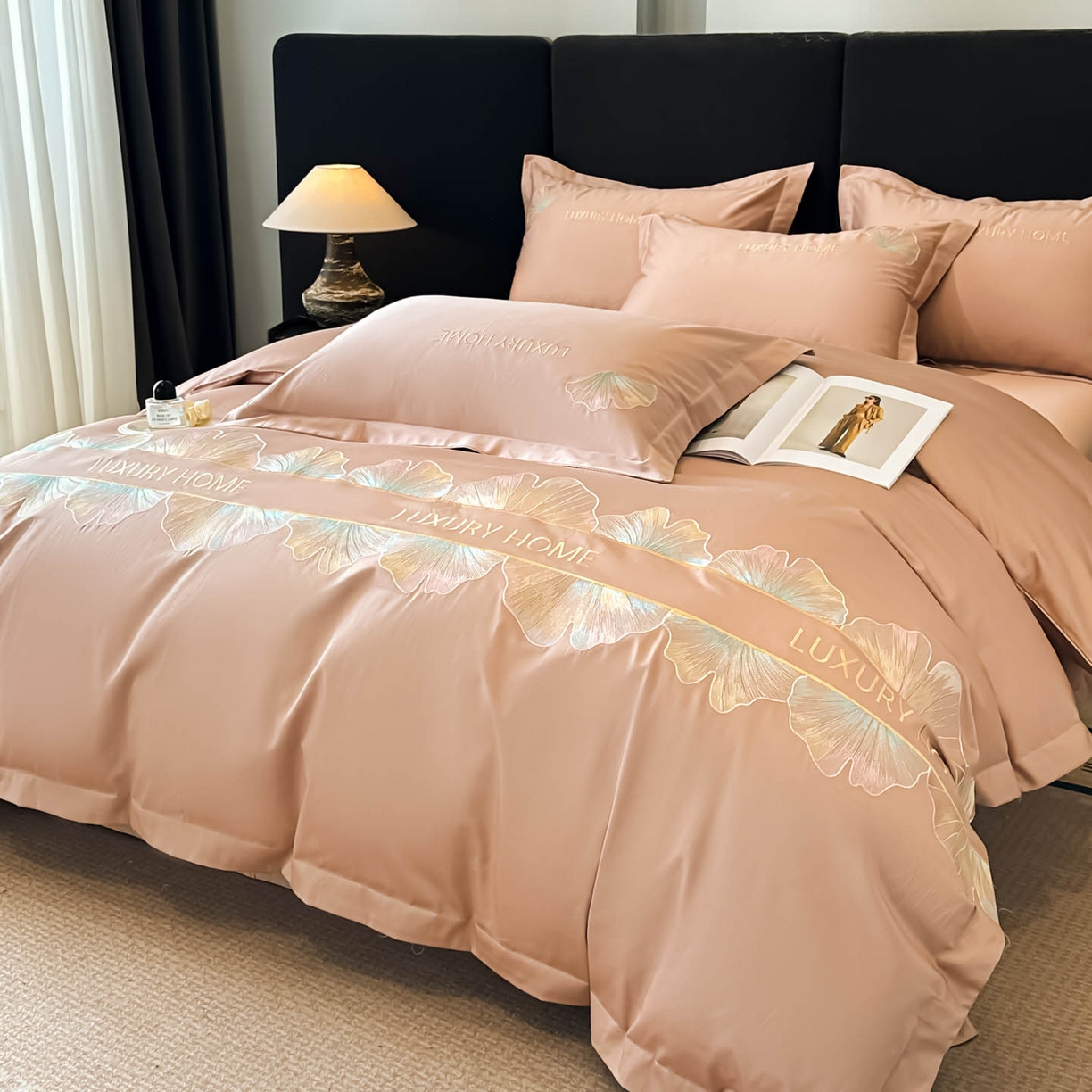 91家纺网 家纺一手货源 找家纺 润锦云 2026新款A类全棉纯棉刺绣四件套-花漾 花漾-香槟色