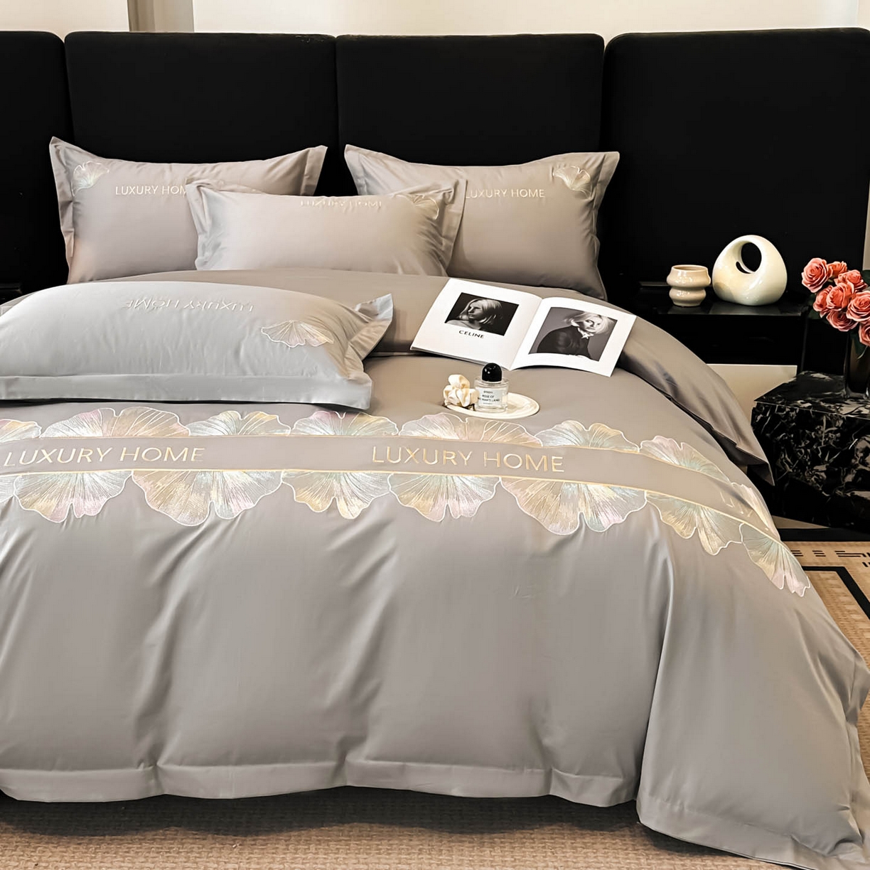 91家纺网 家纺一手货源 找家纺 润锦云 2026新款A类全棉纯棉刺绣四件套-花漾 花漾-星辰灰