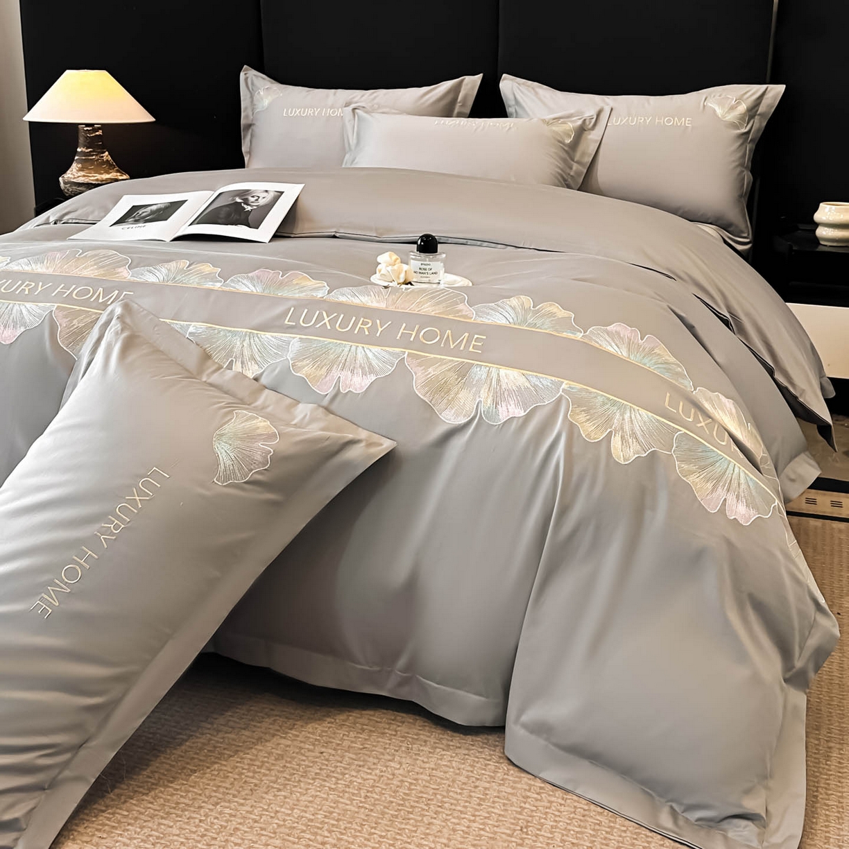 91家纺网 家纺一手货源 找家纺 润锦云 2026新款A类全棉纯棉刺绣四件套-花漾 花漾-星辰灰