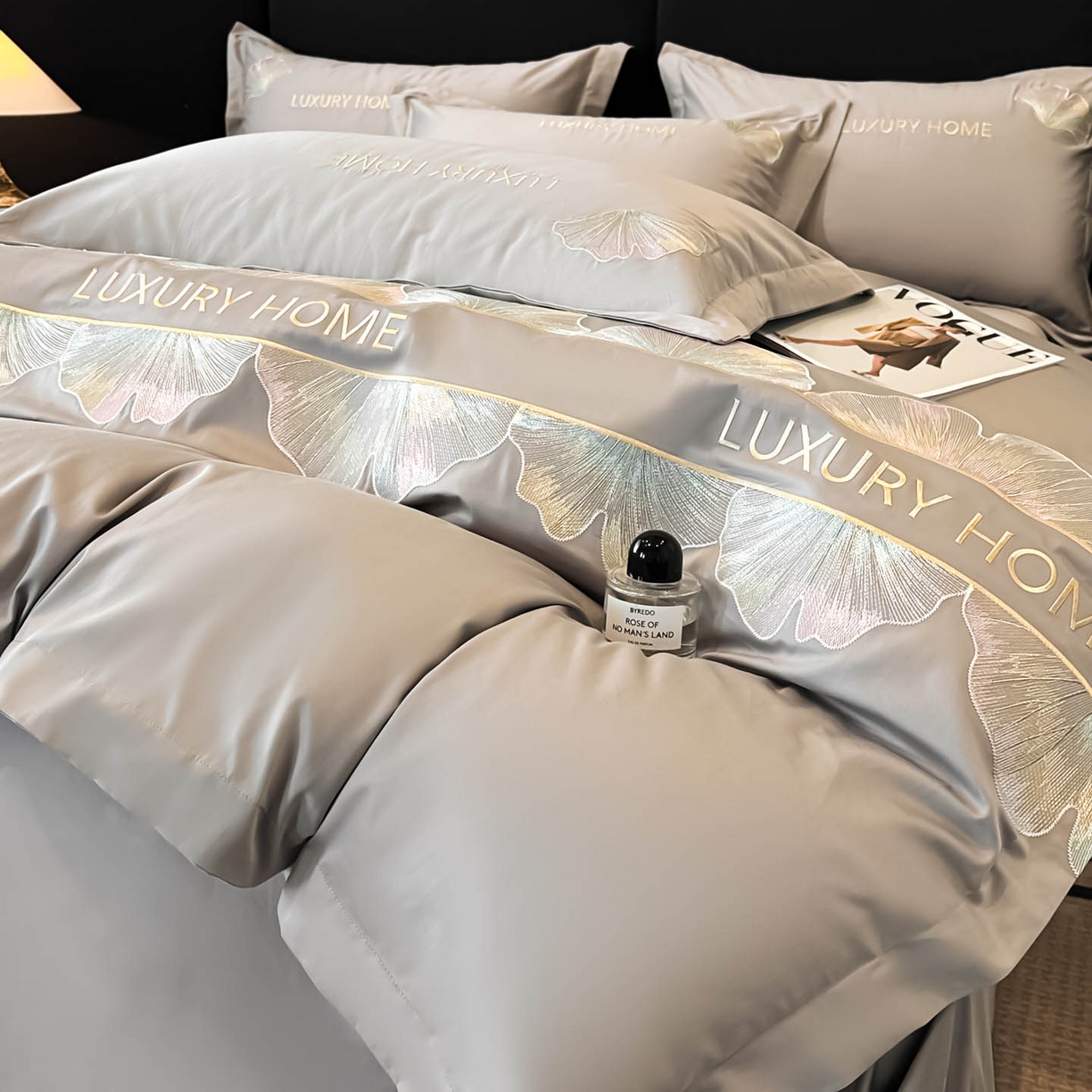 91家纺网 家纺一手货源 找家纺 润锦云 2026新款A类全棉纯棉刺绣四件套-花漾 花漾-星辰灰