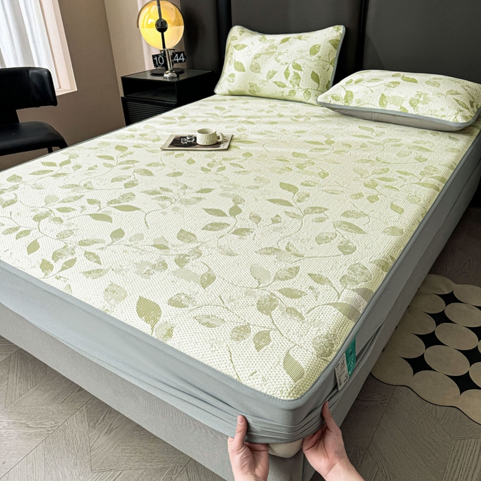 91家纺网 家纺一手货源 找家纺 凯罗 2026新款凉豆豆简约时尚风凉感豆豆凉席床席床笠-床笠款 夏叶-碧绿