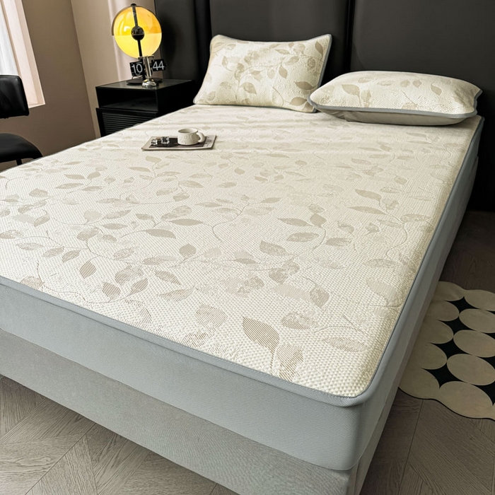 91家纺网 家纺一手货源 找家纺 凯罗 2026新款凉豆豆简约时尚风凉感豆豆凉席床席床笠-床笠款 夏叶-奶咖