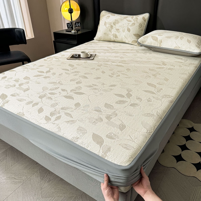 91家纺网 家纺一手货源 找家纺 凯罗 2026新款凉豆豆简约时尚风凉感豆豆凉席床席床笠-床笠款 夏叶-奶咖