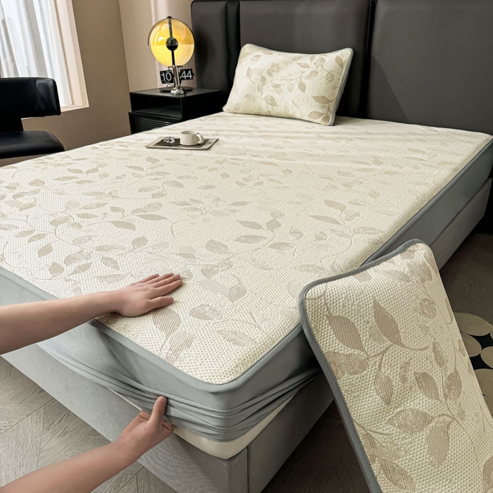 91家纺网 家纺一手货源 找家纺 凯罗 2026新款凉豆豆简约时尚风凉感豆豆凉席床席床笠-床笠款 夏叶-奶咖