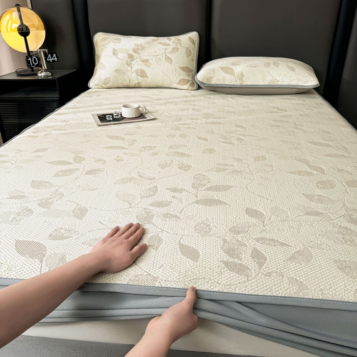 91家纺网 家纺一手货源 找家纺 凯罗 2026新款凉豆豆简约时尚风凉感豆豆凉席床席床笠-床笠款 夏叶-奶咖