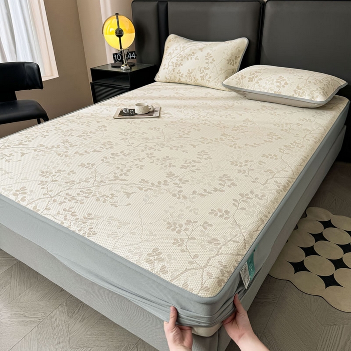 91家纺网 家纺一手货源 找家纺 凯罗 2026新款凉豆豆简约时尚风凉感豆豆凉席床席床笠-床笠款 纤藤集-奶咖