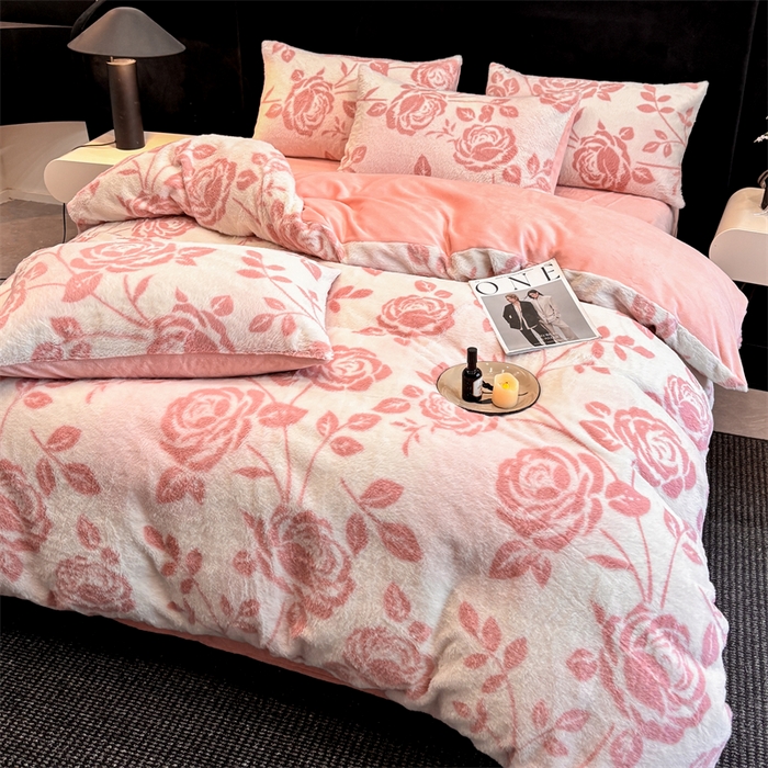 91家纺网 家纺一手货源 找家纺 沐珩家纺 2026新款高克重加厚保暖兔毛绒四件套-美拉德系列 美拉德-粉蔷薇