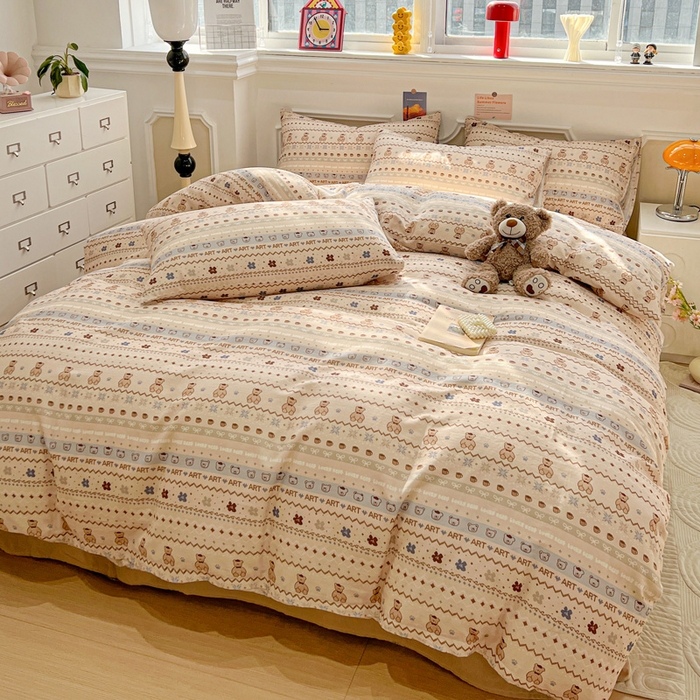 91家纺网 家纺一手货源 找家纺 亿梵家居 2026新款A类母婴级有氧纯棉印花双面全棉双层纱四件套-床拍图冬峪熊-咖