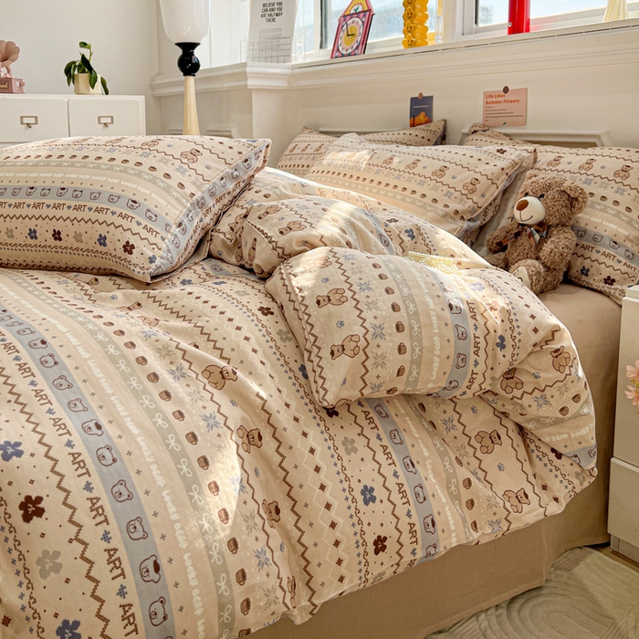 91家纺网 家纺一手货源 找家纺 亿梵家居 2026新款A类母婴级有氧纯棉印花双面全棉双层纱四件套-床拍图冬峪熊-咖