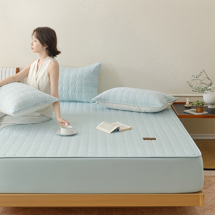 91家纺网 家纺一手货源 找家纺 胜权家纺 2026新款A类雪融丝凉感夹棉床笠可调节松紧活扣凉席 雪融丝-海洋蓝