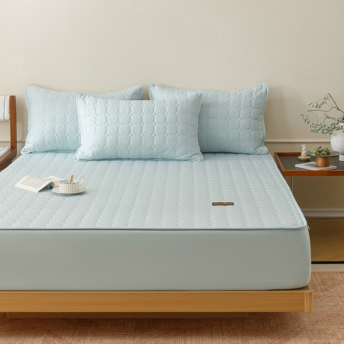 91家纺网 家纺一手货源 找家纺 胜权家纺 2026新款A类雪融丝凉感夹棉床笠可调节松紧活扣凉席 雪融丝-海洋蓝