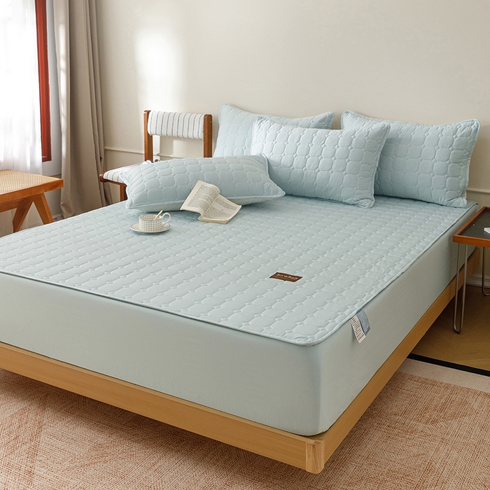 91家纺网 家纺一手货源 找家纺 胜权家纺 2026新款A类雪融丝凉感夹棉床笠可调节松紧活扣凉席 雪融丝-海洋蓝