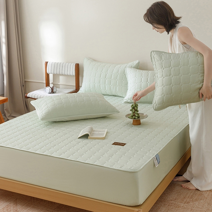 91家纺网 家纺一手货源 找家纺 胜权家纺 2026新款A类雪融丝凉感夹棉床笠可调节松紧活扣凉席 雪融丝-奶昔绿