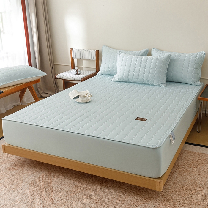 91家纺网 家纺一手货源 找家纺 胜权家纺 2026新款A类雪融丝凉感夹棉床笠可调节松紧活扣凉席 雪融丝-海洋蓝