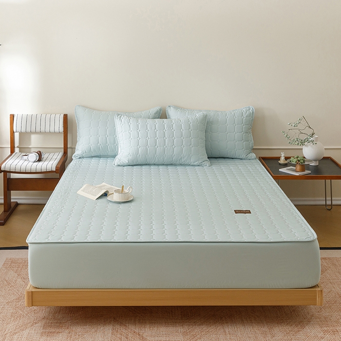 91家纺网 家纺一手货源 找家纺 胜权家纺 2026新款A类雪融丝凉感夹棉床笠可调节松紧活扣凉席 雪融丝-海洋蓝