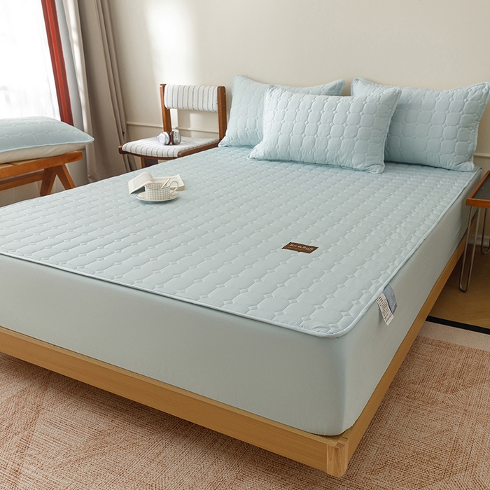 91家纺网 家纺一手货源 找家纺 胜权家纺 2026新款A类雪融丝凉感夹棉床笠可调节松紧活扣凉席 雪融丝-海洋蓝