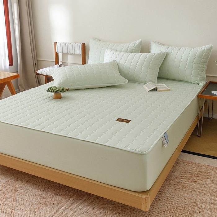 91家纺网 家纺一手货源 找家纺 胜权家纺 2026新款A类雪融丝凉感夹棉床笠可调节松紧活扣凉席 雪融丝-奶昔绿