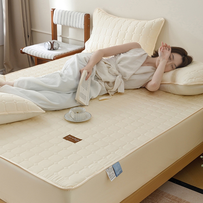 91家纺网 家纺一手货源 找家纺 胜权家纺 2026新款A类雪融丝凉感夹棉床笠可调节松紧活扣凉席 雪融丝-东方黄