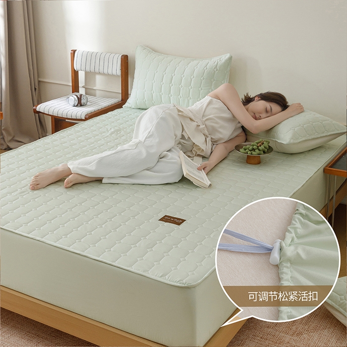 胜权家纺 2026新款A类雪融丝凉感夹棉床笠可调节松紧活扣凉席 雪融丝-奶昔绿