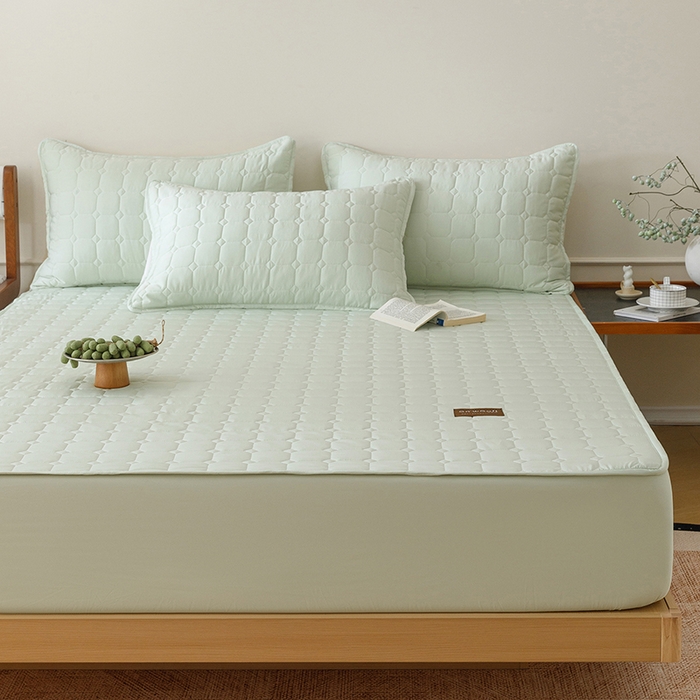 91家纺网 家纺一手货源 找家纺 胜权家纺 2026新款A类雪融丝凉感夹棉床笠可调节松紧活扣凉席 雪融丝-奶昔绿