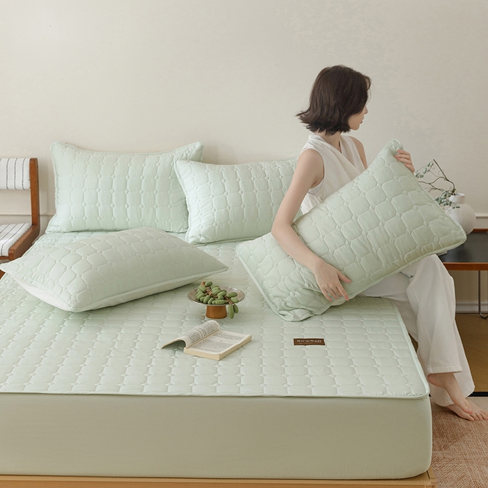 91家纺网 家纺一手货源 找家纺 胜权家纺 2026新款A类雪融丝凉感夹棉床笠可调节松紧活扣凉席 雪融丝-奶昔绿