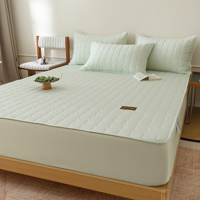 91家纺网 家纺一手货源 找家纺 胜权家纺 2026新款A类雪融丝凉感夹棉床笠可调节松紧活扣凉席 雪融丝-奶昔绿