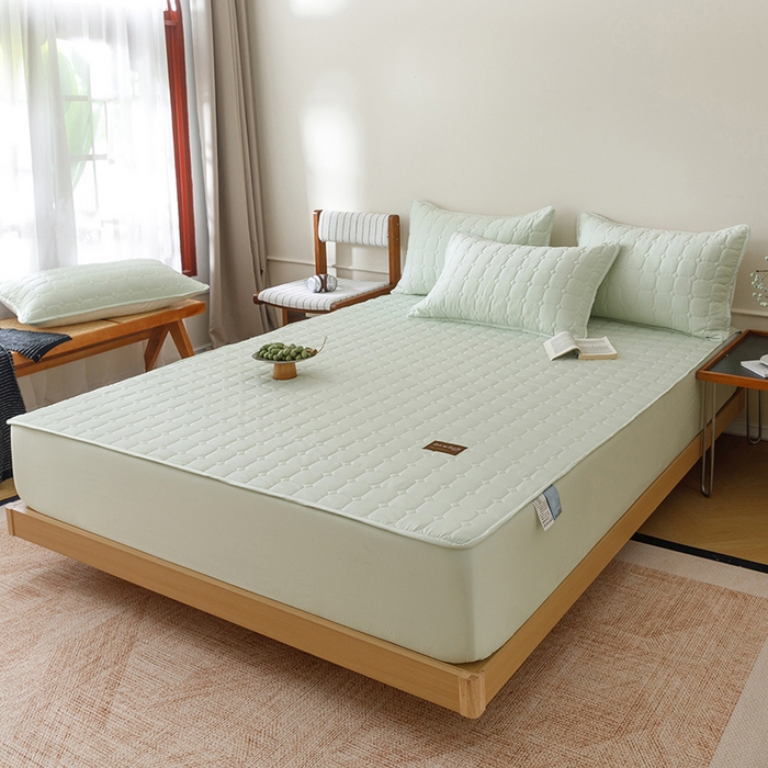 91家纺网 家纺一手货源 找家纺 胜权家纺 2026新款A类雪融丝凉感夹棉床笠可调节松紧活扣凉席 雪融丝-奶昔绿