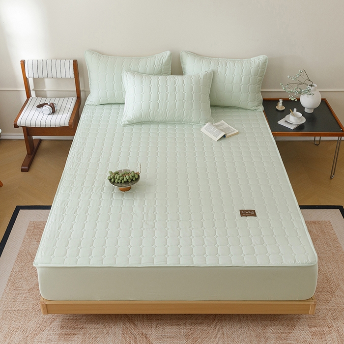 91家纺网 家纺一手货源 找家纺 胜权家纺 2026新款A类雪融丝凉感夹棉床笠可调节松紧活扣凉席 雪融丝-奶昔绿