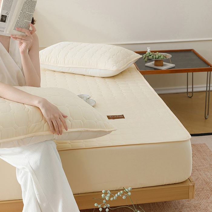 91家纺网 家纺一手货源 找家纺 胜权家纺 2026新款A类雪融丝凉感夹棉床笠可调节松紧活扣凉席 雪融丝-东方黄