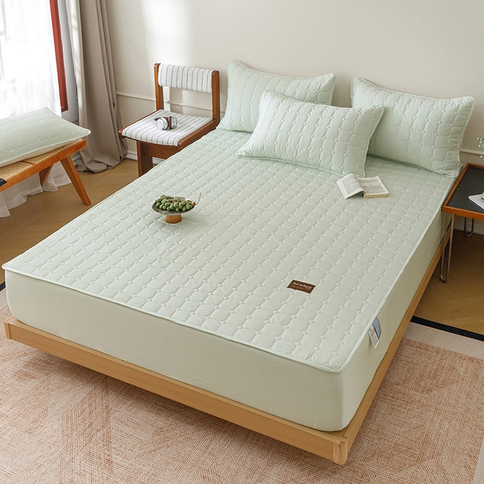 91家纺网 家纺一手货源 找家纺 胜权家纺 2026新款A类雪融丝凉感夹棉床笠可调节松紧活扣凉席 雪融丝-奶昔绿