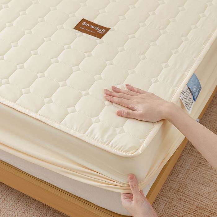 91家纺网 家纺一手货源 找家纺 胜权家纺 2026新款A类雪融丝凉感夹棉床笠可调节松紧活扣凉席 雪融丝-东方黄