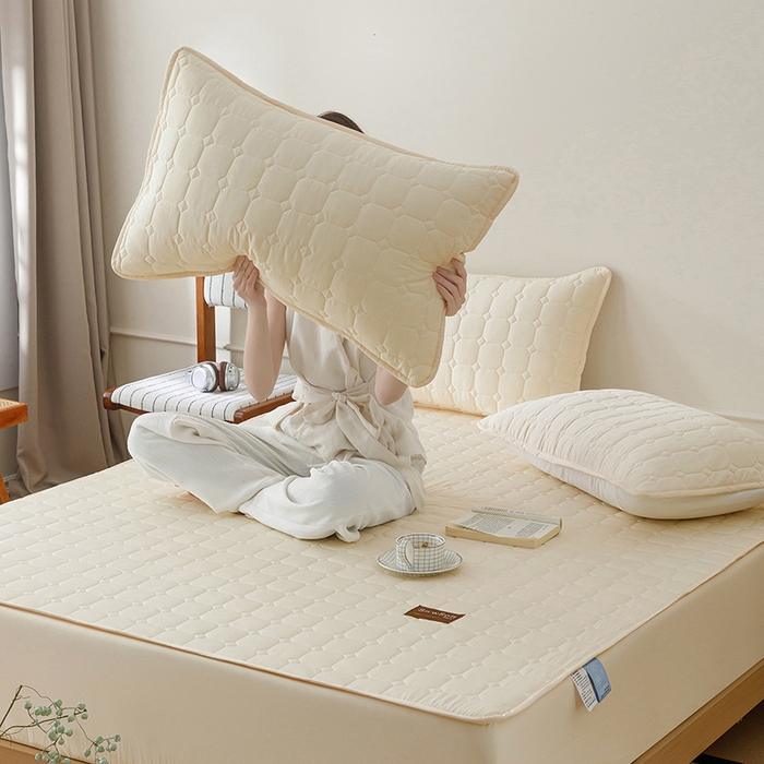 91家纺网 家纺一手货源 找家纺 胜权家纺 2026新款A类雪融丝凉感夹棉床笠可调节松紧活扣凉席 雪融丝-东方黄