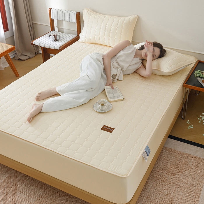 91家纺网 家纺一手货源 找家纺 胜权家纺 2026新款A类雪融丝凉感夹棉床笠可调节松紧活扣凉席 雪融丝-东方黄