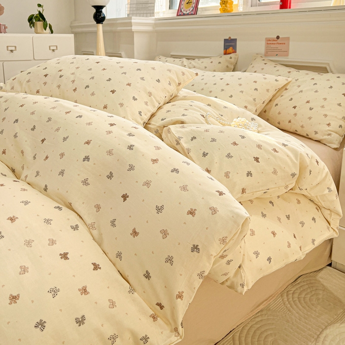 91家纺网 家纺一手货源 找家纺 亿梵家居 2026新款A类母婴级有氧纯棉印花双面全棉双层纱四件套-床拍图蝴蝶结