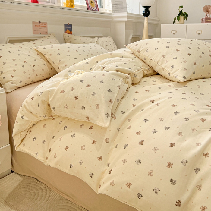 91家纺网 家纺一手货源 找家纺 亿梵家居 2026新款A类母婴级有氧纯棉印花双面全棉双层纱四件套-床拍图蝴蝶结