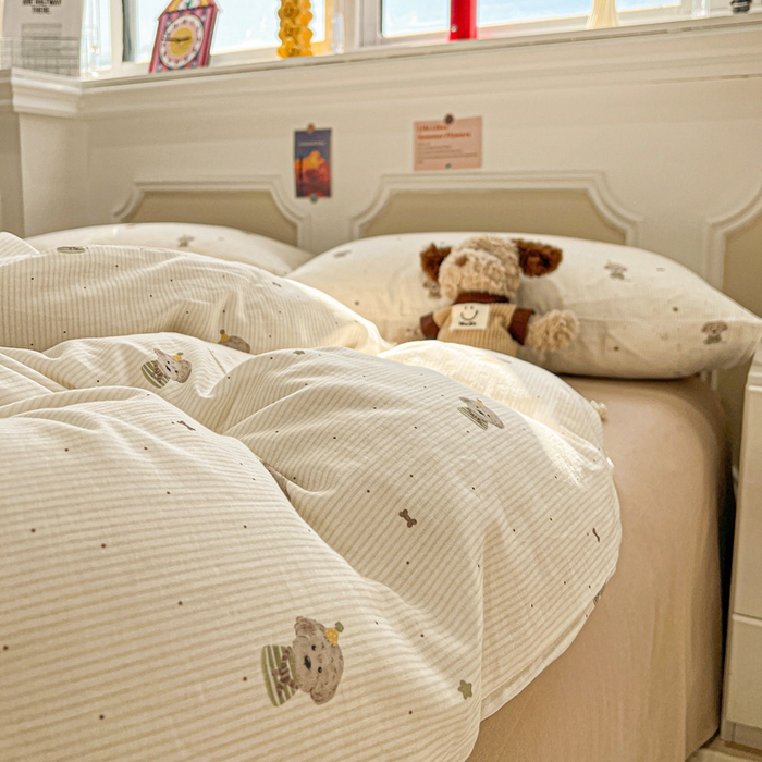 91家纺网 家纺一手货源 找家纺 亿梵家居 2026新款A类母婴级有氧纯棉印花双面全棉双层纱四件套-床拍图柯基