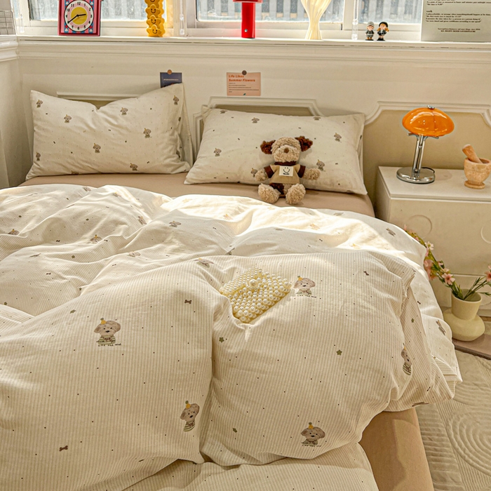 91家纺网 家纺一手货源 找家纺 亿梵家居 2026新款A类母婴级有氧纯棉印花双面全棉双层纱四件套-床拍图柯基